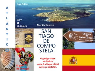 SAN	
  
TIAGO	
  
DE	
  	
  	
  	
  	
  	
  
COMPO	
  
STELA	
  
O	
  galego	
  fálase	
  
	
  en	
  Galicia,	
  
	
  onde	
  é	
  a	
  lingua	
  oﬁcial	
  
xunto	
  co	
  castelán.	
  
Mar	
  Cantábrico	
  	
  
A
T
L
Á
N
T
I
C
O
Way	
  	
  
of	
  	
  
St.	
  James	
  	
  
Fisterra	
  0	
  km	
  
El	
  gallo	
  
de	
  Portugal	
  
Los	
  Celtas	
  	
  
 