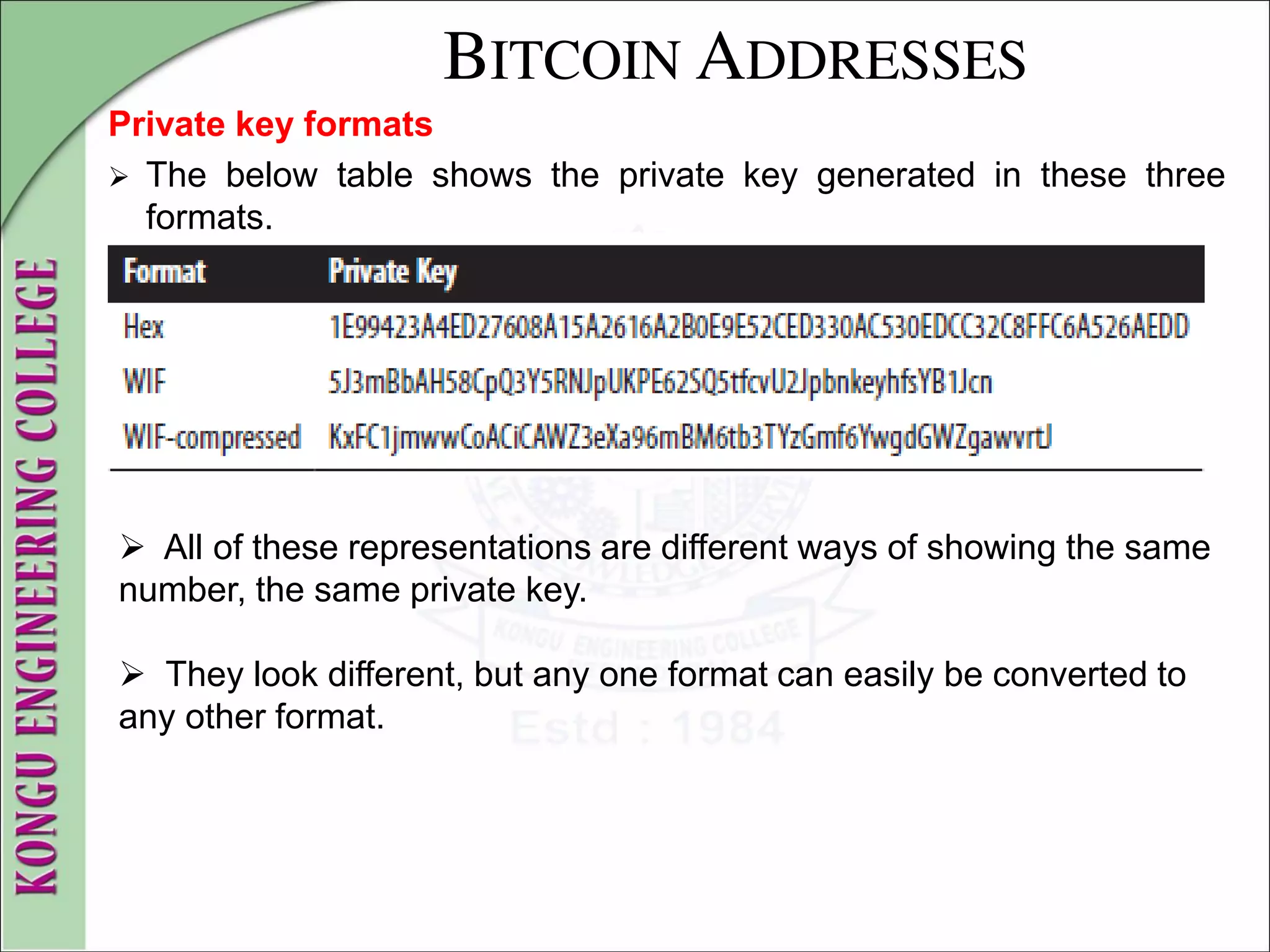 BITCOIN ADDRESSES
Private key formats
 The below table shows the private key generated in these three
formats.
 All of these representations are different ways of showing the same
number, the same private key.
 They look different, but any one format can easily be converted to
any other format.
 