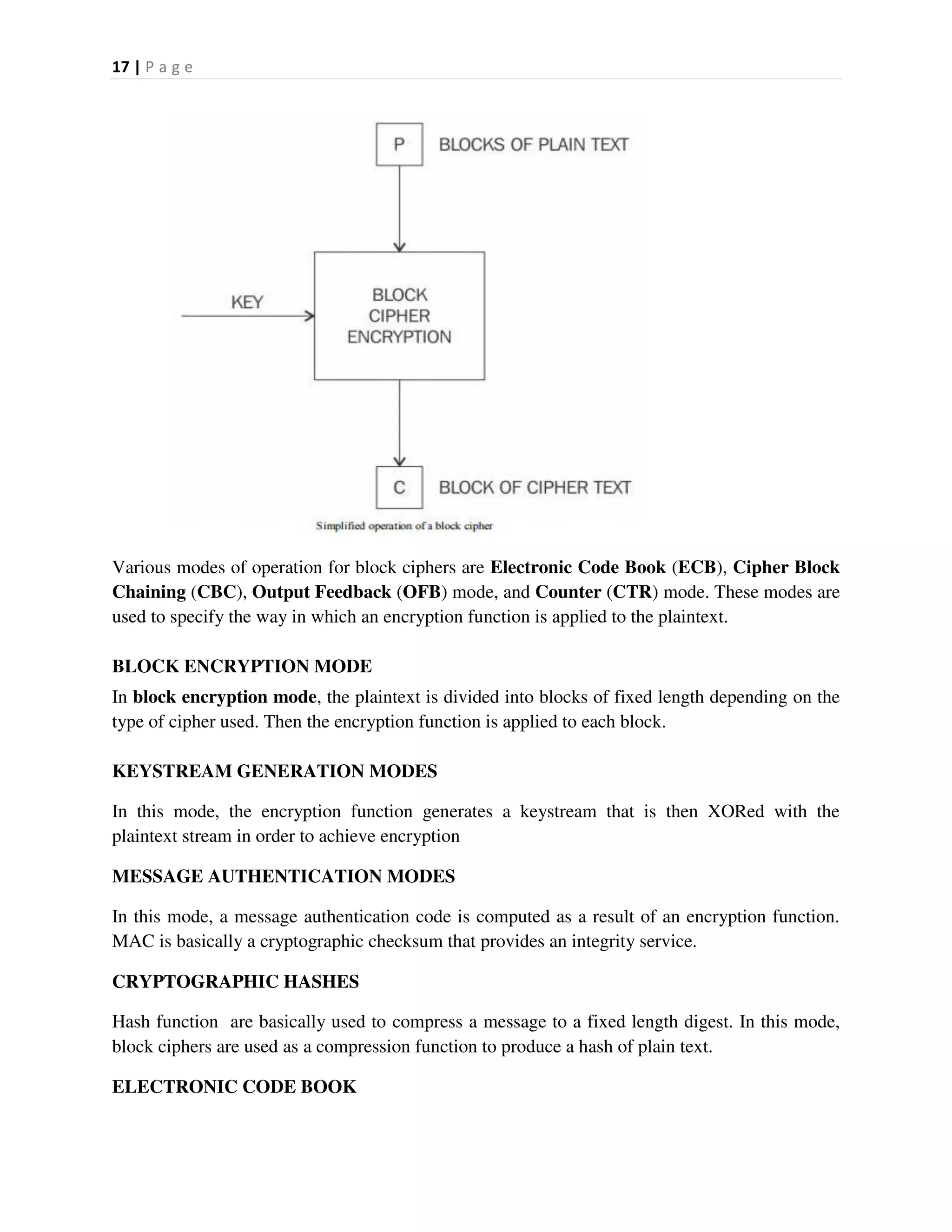 17 | P a g e
Various modes of operation for block ciphers are Electronic Code Book (ECB), Cipher Block
Chaining (CBC), Output Feedback (OFB) mode, and Counter (CTR) mode. These modes are
used to specify the way in which an encryption function is applied to the plaintext.
BLOCK ENCRYPTION MODE
In block encryption mode, the plaintext is divided into blocks of fixed length depending on the
type of cipher used. Then the encryption function is applied to each block.
KEYSTREAM GENERATION MODES
In this mode, the encryption function generates a keystream that is then XORed with the
plaintext stream in order to achieve encryption
MESSAGE AUTHENTICATION MODES
In this mode, a message authentication code is computed as a result of an encryption function.
MAC is basically a cryptographic checksum that provides an integrity service.
CRYPTOGRAPHIC HASHES
Hash function are basically used to compress a message to a fixed length digest. In this mode,
block ciphers are used as a compression function to produce a hash of plain text.
ELECTRONIC CODE BOOK
 