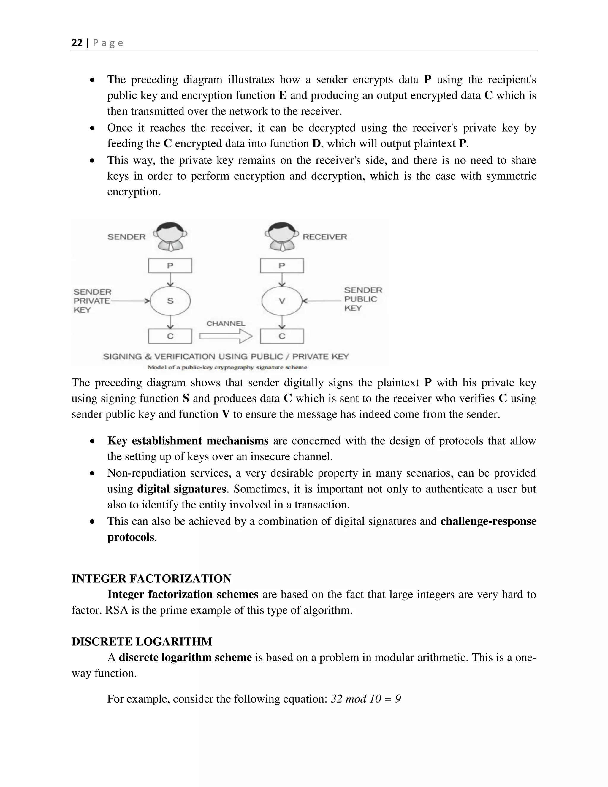 22 | P a g e
 The preceding diagram illustrates how a sender encrypts data P using the recipient's
public key and encryption function E and producing an output encrypted data C which is
then transmitted over the network to the receiver.
 Once it reaches the receiver, it can be decrypted using the receiver's private key by
feeding the C encrypted data into function D, which will output plaintext P.
 This way, the private key remains on the receiver's side, and there is no need to share
keys in order to perform encryption and decryption, which is the case with symmetric
encryption.
The preceding diagram shows that sender digitally signs the plaintext P with his private key
using signing function S and produces data C which is sent to the receiver who verifies C using
sender public key and function V to ensure the message has indeed come from the sender.
 Key establishment mechanisms are concerned with the design of protocols that allow
the setting up of keys over an insecure channel.
 Non-repudiation services, a very desirable property in many scenarios, can be provided
using digital signatures. Sometimes, it is important not only to authenticate a user but
also to identify the entity involved in a transaction.
 This can also be achieved by a combination of digital signatures and challenge-response
protocols.
INTEGER FACTORIZATION
Integer factorization schemes are based on the fact that large integers are very hard to
factor. RSA is the prime example of this type of algorithm.
DISCRETE LOGARITHM
A discrete logarithm scheme is based on a problem in modular arithmetic. This is a one-
way function.
For example, consider the following equation: 32 mod 10 = 9
 