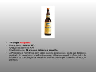 •   10º Lugar Piragibana
•   Procedência: Salinas, MG
    Graduação alcoólica: 47%
    Envelhecimento: 22 anos em bálsamo e carvalho
•   A Piragibana é harmônica, com sabor e aroma persistentes, ainda que delicados -
    resultado do longuíssimo envelhecimento em bálsamo e carvalho. Caso típico de
    influência da combinação de madeiras, aqui escolhidas por Juventino Miranda, o
    produtor.
 