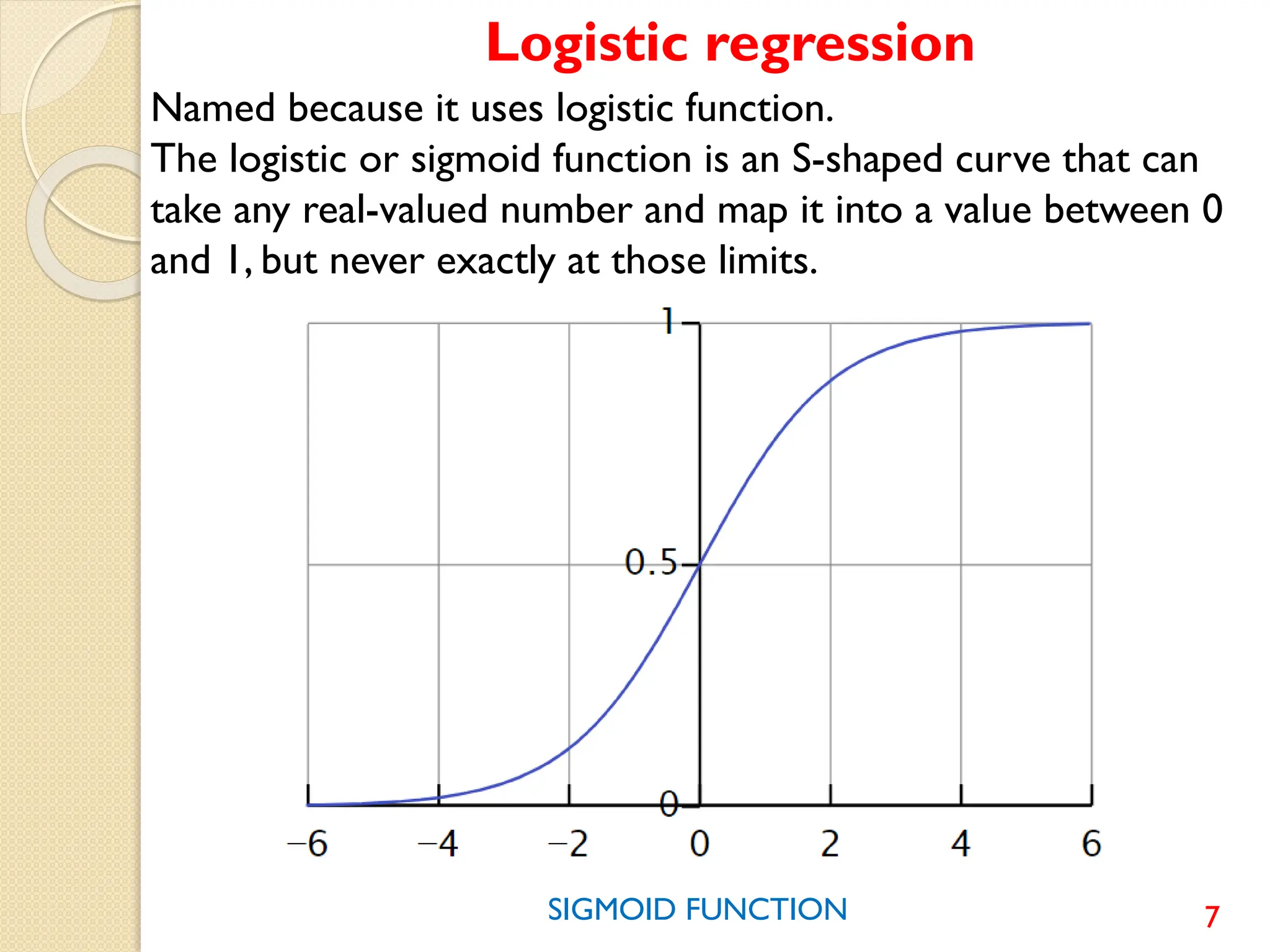 7
Named because it uses logistic function.
The logistic or sigmoid function is an S-shaped curve that can
take any real-valued number and map it into a value between 0
and 1, but never exactly at those limits.
Logistic regression
SIGMOID FUNCTION
 