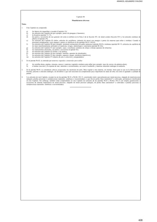 ARANCEL ADUANERO CHILENO
Capítulo 96
Manufacturas diversas
Notas.
1. Este Capítulo no comprende:
a) los lápices de maquillaje o tocador (Capítulo 33);
b) los artículos del Capítulo 66 (por ejemplo: partes de paraguas o bastones);
c) la bisutería (partida 71.17);
d) las partes y accesorios de uso general, tal como se definen en la Nota 2 de la Sección XV, de metal común (Sección XV) y los artículos similares de
plástico (Capítulo 39);
e) los artículos del Capítulo 82 (útiles, artículos de cuchillería, cubiertos de mesa) con mangos o partes de materias para tallar o moldear. Cuando se
presenten aisladamente, estos mangos y partes se clasifican en las partidas 96.01 ó 96.02;
f) los artículos del Capítulo 90 (por ejemplo: monturas (armazones) de gafas (anteojos) (partida 90.03), tiralíneas (partida 90.17), artículos de cepillería de
los tipos manifiestamente utilizados en medicina, cirugía, odontología o veterinaria (partida 90.18));
g) los artículos del Capítulo 91 (por ejemplo: cajas y envolturas similares de relojes o demás aparatos de relojería);
h) los instrumentos musicales, sus partes y accesorios (Capítulo 92);
ij) los artículos del Capítulo 93 (armas y sus partes);
k) los artículos del Capítulo 94 (por ejemplo: muebles, aparatos de alumbrado);
l) los artículos del Capítulo 95 (por ejemplo: juguetes, juegos, artefactos deportivos);
m) los artículos del Capítulo 97 (objetos de arte o colección y antigüedades).
2. En la partida 96.02, se entiende por materias vegetales o minerales para tallar:
a) las semillas duras, pepitas, cáscaras, nueces y materias vegetales similares para tallar (por ejemplo: nuez de corozo, de palmera-dum);
b) el ámbar (succino) y la espuma de mar, naturales o reconstituidos, así como el azabache y materias minerales análogas al azabache.
3. En la partida 96.03, se consideran cabezas preparadas los mechones de pelo, fibra vegetal u otra materia, sin montar, listos para su uso en la fabricación de
brochas, pinceles o artículos análogos, sin dividirlos o que solo necesiten un complemento poco importante de mano de obra, tal como el igualado o acabado de
puntas.
4. Los artículos de este Capítulo, excepto los de las partidas 96.01 a 96.06 ó 96.15, constituidos total o parcialmente por metal precioso, chapado de metal precioso
(plaqué), piedras preciosas o semipreciosas (naturales, sintéticas o reconstituidas), o que lleven perlas finas (naturales)* o cultivadas, permanecen clasificados
en este Capítulo. Sin embargo, también están comprendidos en este Capítulo los artículos de las partidas 96.01 a 96.06 ó 96.15 con simples guarniciones o
accesorios de mínima importancia de metal precioso, chapado de metal precioso (plaqué), de perlas finas (naturales)* o cultivadas o piedras preciosas o
semipreciosas (naturales, sintéticas o reconstituidas).
_____________________
408
 