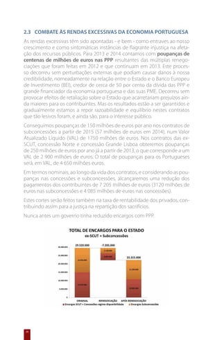 2.3 	 Combate às rendas excessivas da economia portuguesa
As rendas excessivas têm sido apontadas - e bem - como entraves ao nosso
crescimento e como sintomáticas instâncias de flagrante injustiça na afeta-
ção dos recursos públicos. Para 2013 e 2014 contamos com poupanças de
centenas de milhões de euros nas PPP resultantes das múltiplas renego-
ciações que foram feitas em 2012 e que continuam em 2013. Este proces-
so decorreu sem perturbações externas que podiam causar danos à nossa
credibilidade, nomeadamente na relação entre o Estado e o Banco Europeu
de Investimento (BEI), credor de cerca de 50 por cento da dívida das PPP e
grande financiador da economia portuguesa e das suas PME. Decorreu sem
provocar efeitos de retaliação sobre o Estado que acarretariam prejuízos ain-
da maiores para os contribuintes. Mas os resultados estão a ser garantidos e
gradualmente estamos a repor razoabilidade e equilíbrio nestes contratos
que tão lesivos foram, e ainda são, para o interesse público.
Conseguimos poupanças de 150 milhões de euros por ano nos contratos de
subconcessões a partir de 2015 (57 milhões de euros em 2014), num Valor
Atualizado Líquido (VAL) de 1750 milhões de euros. Nos contratos das ex-
SCUT, concessão Norte e concessão Grande Lisboa obteremos poupanças
de 250 milhões de euros por ano já a partir de 2013, o que corresponde a um
VAL de 2 900 milhões de euros. O total de poupanças para os Portugueses
será, em VAL, de 4 650 milhões euros.
Em termos nominais, ao longo da vida dos contratos, e considerando as pou-
panças nas concessões e subconcessões, alcançaremos uma redução dos
pagamentos dos contribuintes de 7 205 milhões de euros (3120 milhões de
euros nas subconcessões e 4 085 milhões de euros nas concessões).
Estes cortes serão feitos também na taxa de rentabilidade dos privados, con-
tribuindo assim para a justiça na repartição dos sacrifícios.
Nunca antes um governo tinha reduzido encargos com PPP.




26
 
