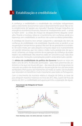 5	 Estabilização e credibilidade

A confiança, a credibilidade e a estabilidade são condições indispensáveis
para o crescimento da economia e para o desenvolvimento social. Não se tra-
ta simplesmente de “agradar aos mercados”. Quando Portugal mergulhou na
emergência económico-financeira, fizeram-se imediatamente sentir - e ainda
se fazem sentir - as ondas de choque do desaparecimento daquelas condi-
ções. Perante a incerteza, reduz-se o investimento; sem confiança, perde-se a
esperança; sem credibilidade, os sacrifícios não surtem os efeitos pretendidos.
A estratégia do Governo teve sempre subjacente a valorização dos bens da
confiança, da credibilidade e da estabilidade. Quando estes se perdem, a sua
recuperação é sempre lenta e gradual. Mas tem de ser persistente e consisten-
te. De outro modo, por cada pequena conquista seguir-se-á invariavelmente
um grande retrocesso, que nos coloca a todos numa posição pior do que a
inicial. Já fizemos um longo caminho de recuperação da confiança, da estabi-
lidade e da credibilidade. Mas devemos todos ter consciência que nada disso
está adquirido. Hesitações e precipitações podem ainda deitar tudo a perder.
Os efeitos da credibilidade da política do Governo fizeram-se notar em
todo o ano de 2012. As descidas acentuadas – para níveis próximos dos an-
teriores à crise que nos trouxe até aqui – das taxas de juro de longo prazo no
mercado secundário de dívida pública e da perceção de risco de bancarrota
da República Portuguesa são importantes por todas as razões. São resultados
que redundam em benefícios muito importantes para todos os Portugueses.
Com o crescimento da incerteza relativa à situação da Grécia, as taxas de
juro atingiram máximos históricos no início de 2012. Mas, a partir de finais de
janeiro de 2012, a credibilidade portuguesa permitiu a separação das águas.




                                                              20 MESES DE REFORMAS   45
 