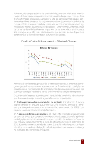 Por vezes, diz-se que o ganho de credibilidade junto dos mercados interna-
cionais de financiamento não tem impacto na vida das pessoas comuns. Essa
é uma afirmação afastada da verdade. O fato de conseguirmos poupar cen-
tenas de milhões de euros no pagamento de juros (por emitirmos dívida de
curto e médio prazo em condições cada vez menos onerosas para nós) sig-
nifica que é menos esse montante poupado – uma vez mais, estamos a falar
de centenas de milhões de euros – que tem de ser arrecadado em impostos
aos portugueses, e são mais esses recursos que passam a estar disponíveis
para financiar o exercício de todas as funções do Estado.

        Estado – Custos de financiamento - Bilhetes do Tesouro




Além disso, com esta recuperação de credibilidade as nossas empresas come-
çaram gradualmente a aceder aos mercados de financiamento, condição ne-
cessária para a normalização do financiamento da nossa economia, que, por
sua vez, é condição necessária para o crescimento e a criação de emprego.
O comentado “regresso aos mercados”, na realidade, teve início há vários me-
ses. A nossa estratégia teve até agora três marcos importantes:
1º. O alongamento das maturidades de emissão (inicialmente, 3 meses,
depois 6 meses e 1 ano, até que, a 04.04.2012 foi feita uma emissão a 18 me-
ses, que se repetiu em setembro, em novembro e em janeiro de 2013), com
taxas de juro sucessivamente mais favoráveis;
2º. A operação de troca de dívida: a 03.10.2012 foi realizada uma operação
de troca de dívida que constituiu um importante sucesso, já que foi a primei-
ra obrigação do tesouro a ser emitida após o pedido de assistência financei-
ra e reduziu substancialmente o risco de refinanciamento em setembro de
2013. E, tendo uma maturidade de 3 anos (para além do Programa de Assis-
tência), a compra desta obrigação pelos investidores demonstrou confiança
na evolução da economia portuguesa;



                                                            20 MESES DE REFORMAS   47
 