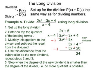 The Long Division
Example A. Divide using long division.
x – 4
2x2 – 3x + 4
1. Set up the long division
2x2 – 3x + 4
x – 4
2x + 5
2x2 – 8x
3. Multiply this quotient to the
divisor and subtract the result
from the dividend.
4. Use this difference from the
subtraction as the new dividend,
repeat steps 2 and 3.
5. Stop when the degree of the new dividend is smaller than
the degree of the divisor, i.e. no more quotient is possible.
– )
– +
5x + 4
5x – 20
– )
– +
24
Set up for the division P(x) ÷ D(x) the
same way as for dividing numbers.
D(x)
P(x)
Dividend
Divisor
new
dividend
2. Enter on top the quotient
of the leading terms .
 