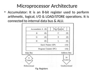 Microprocessor Architecture
• Accumulator: It is an 8-bit register used to perform
arithmetic, logical, I/O & LOAD/STORE operations. It is
connected to internal data bus & ALU.
Fig: Registers
 