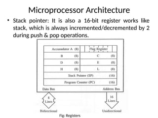 Microprocessor Architecture
• Stack pointer: It is also a 16-bit register works like
stack, which is always incremented/decremented by 2
during push & pop operations.
Fig: Registers
 