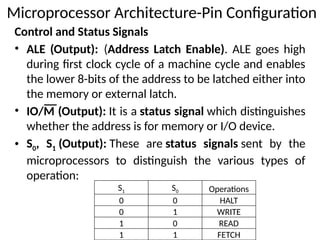 Control and Status Signals
• ALE (Output): (Address Latch Enable). ALE goes high
during first clock cycle of a machine cycle and enables
the lower 8-bits of the address to be latched either into
the memory or external latch.
• IO/M (Output): It is a status signal which distinguishes
whether the address is for memory or I/O device.
• S0, S1 (Output): These are status signals sent by the
microprocessors to distinguish the various types of
operation:
Microprocessor Architecture-Pin Configuration
S1 S0 Operations
0 0 HALT
0 1 WRITE
1 0 READ
1 1 FETCH
 