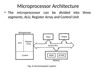 Microprocessor Architecture
• The microprocessor can be divided into three
segments, ALU, Register Array and Control Unit
Fig: A microcomputer system
 