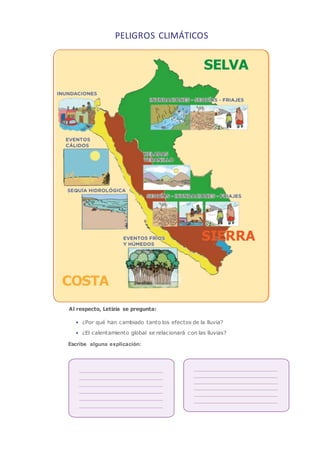 PELIGROS CLIMÁTICOS
Al respecto, Letizia se pregunta:
• ¿Por qué han cambiado tanto los efectos de la lluvia?
• ¿El calentamiento global se relacionará con las lluvias?
Escribe alguna explicación:
SIERRA
 