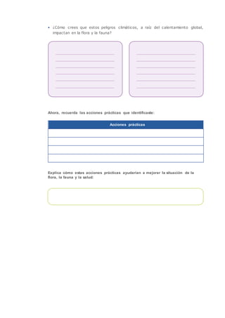 • ¿Cómo crees que estos peligros climáticos, a raíz del calentamiento global,
impactan en la flora y la fauna?
Ahora, recuerda las acciones prácticas que identificaste:
Acciones prácticas
Explica cómo estas acciones prácticas ayudarían a mejorar la situación de la
flora, la fauna y la salud:
 