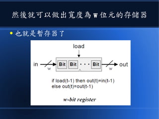 然後就可以做出寬度為 w 位元的存儲器
● 也就是暫存器了
 