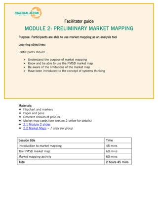 Facilitator guide
    MODULE 2: PRELIMINARY MARKET MAPPING
Purpose: Participants are able to use market mapping as an analysis tool

Learning objectives:

Participants should…

       Understand the purpose of market mapping
       Know and be able to use the PMSD market map
       Be aware of the limitations of the market map
       Have been introduced to the concept of systems thinking




Materials:
 Flipchart and markers
 Paper and pens
 Different colours of post-its
 Market map cards (see session 2 below for details)
 2.1 Module 2 slides
 2.2 Market Maps – 1 copy per group


Session title                                                     Time
Introduction to market mapping                                    45 mins
The PMSD market map                                               60 mins
Market mapping activity                                           60 mins
Total                                                             2 hours 45 mins
 