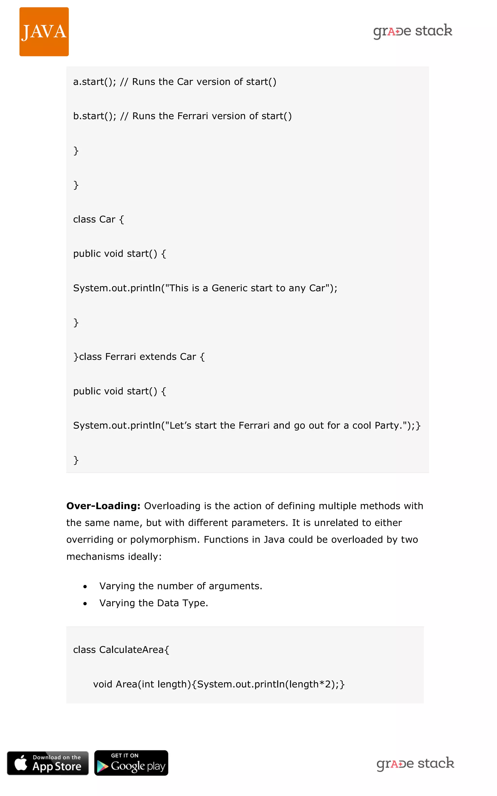 a.start(); // Runs the Car version of start() b.start(); // Runs the Ferrari version of start() } } class Car { public void start() { System.out.println("This is a Generic start to any Car"); } }class Ferrari extends Car { public void start() { System.out.println("Let‘s start the Ferrari and go out for a cool Party.");} } Over-Loading: Overloading is the action of defining multiple methods with the same name, but with different parameters. It is unrelated to either overriding or polymorphism. Functions in Java could be overloaded by two mechanisms ideally:  Varying the number of arguments.  Varying the Data Type. class CalculateArea{ void Area(int length){System.out.println(length*2);} 