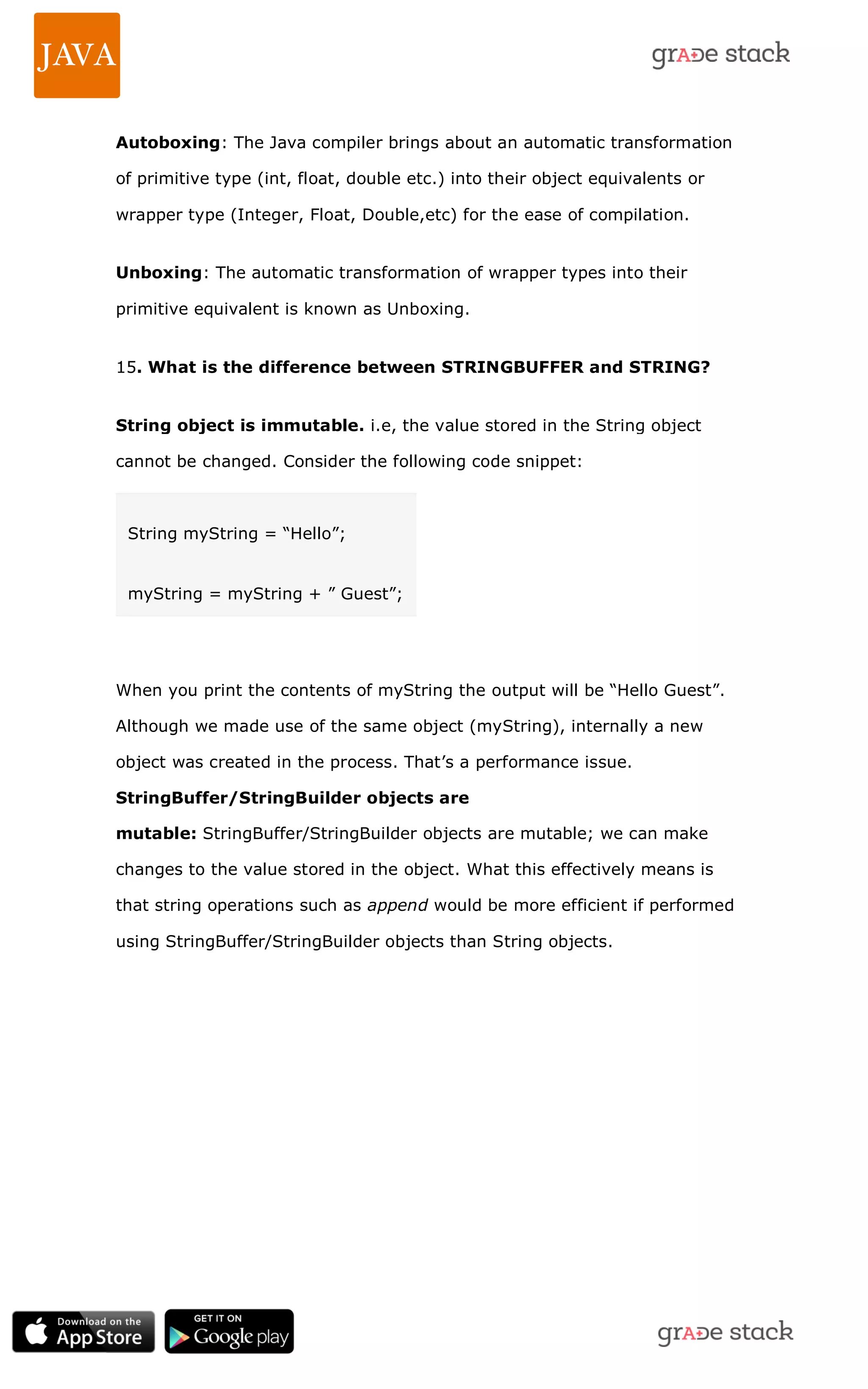 Autoboxing: The Java compiler brings about an automatic transformation of primitive type (int, float, double etc.) into their object equivalents or wrapper type (Integer, Float, Double,etc) for the ease of compilation. Unboxing: The automatic transformation of wrapper types into their primitive equivalent is known as Unboxing. 15. What is the difference between STRINGBUFFER and STRING? String object is immutable. i.e, the value stored in the String object cannot be changed. Consider the following code snippet: String myString = ―Hello‖; myString = myString + ‖ Guest‖; When you print the contents of myString the output will be ―Hello Guest‖. Although we made use of the same object (myString), internally a new object was created in the process. That‘s a performance issue. StringBuffer/StringBuilder objects are mutable: StringBuffer/StringBuilder objects are mutable; we can make changes to the value stored in the object. What this effectively means is that string operations such as append would be more efficient if performed using StringBuffer/StringBuilder objects than String objects. 