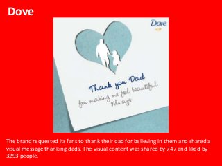 Dove
The brand requested its fans to thank their dad for believing in them and shared a
visual message thanking dads. The ...