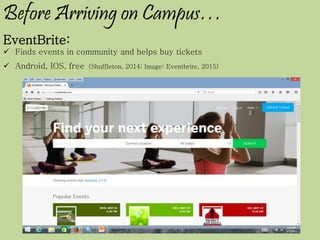 Before Arriving on Campus…
EventBrite:
 Finds events in community and helps buy tickets
 Android, IOS, free (Shuffleton, 2014; Image: Eventbrite, 2015)
 