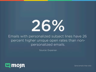 26%

!

Emails with personalized subject lines have 26
percent higher unique open rates than nonpersonalized emails.
!
Sou...