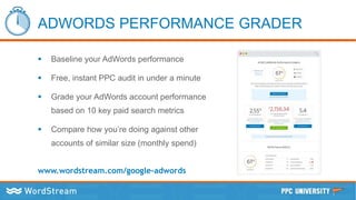 ADWORDS PERFORMANCE GRADER
 Baseline your AdWords performance
 Free, instant PPC audit in under a minute
 Grade your AdWords account performance
based on 10 key paid search metrics
 Compare how you’re doing against other
accounts of similar size (monthly spend)
www.wordstream.com/google-adwords
 