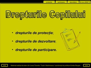 Drepturile Copilului drepturile de protecţie ; drepturile de dezvoltare ;  drepturile de participare . 