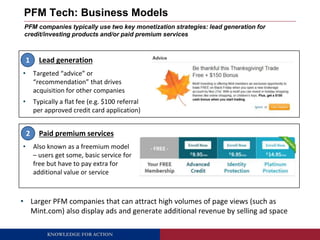 PFM Tech: Business Models 
PFM companies typically use two key monetization strategies: lead generation for 
credit/invest...