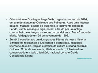 O bandeirante Domingos Jorge Velho organiza, no ano de 1694, um grande ataque ao Quilombo dos Palmares. Após uma intensa batalha, Macaco, a sede do quilombo, é totalmente destruída. Ferido, Zumbi consegue fugir, porém é traído por um antigo companheiro e entregue as tropas do bandeirante. Aos 40 anos de idade, foi degolado em 20 de novembro de 1695.  Zumbi é considerado um dos grandes líderes de nossa história. Símbolo da resistência e luta contra a escravidão, lutou pela liberdade de culto, religião e pratica da cultura africana no Brasil Colonial. O dia de sua morte, 20 de novembro, é lembrado e comemorado em todo o território nacional como o Dia da Consciência Negra.  ( www.suapesquisa.com ) 