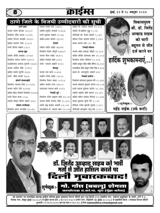 8 cegbyeF&, 19 mes 25 Dekeäštyej 2014 
"eCes efpe}s kesâ efkepeÙeer Gcceerokeejesb keâer metÛeer 
efJekeâemeheg®<e 
ßeer. [e@. efpeleWõ 
DeeJne[ meenye 
keâes Yeejer 
yengcele mes peerle 
ope& keâjves hej 
neefo&keâ MegYekeâeceveeSb...! 
~~MegYesÛÚgkeâ~~ 
³en mecee®eej He$e meeHleeefnkeÀ cenejeä^ ¬eÀeF&cme ceeefuekeÀ,cegêkeÀ ÒekeÀeMekeÀ efmejepe ®eewOejer Üeje jepet efÒebìme&,496,Heb®eMeerue veiej, veekesÀmeve yeg×efJenej kesÀ meeceves, ceeie& veb-3, 
efleuekeÀ veiej, ®escyegj,cegbyeF&-400089 mes cegefêle keÀjJee keÀj 8/Ss/169/2702/ìeieesj veiej, efJe¬eÀesueer (Het),cegbyeF&-400083 mes ÒekeÀeefMele efkeÀ³ee ~ mebHeeokeÀ efmejepe ®eewOejer 
otjOJeveer-0226428329,Deej Sve Dee³e 2261/98, F&-cesue-maharashtra.crimes@gmail.com 
"eCes Menj 
Yeepehee mebpeÙe kesâ}keâj 70884 
efMekemesvee jefkebõ Heâeškeâ 58296 
jekeâeBhee efvejbpeve [ekeKejs 24320 
keâebieÇsme veejeÙeCe hekeej 15883 
cevemes veer}sMe ÛekneCe 8381 
keâ}kee cegbyeÇe 
jekeâeBhee peerlesbõ Deekne[ 81974 
efMekemesvee oMejLe heešer} 37259 
SDeeF&SceSce DeMejHeâ ceg}eveer 14712 
Yeepehee DeMeeskeâ YeesF&j 12391 
keâebieÇsme Ùeemeerve kegâjwMeer 3717 
cevemes censMe meeukeer 2786 
keâeshejer heebÛeheeKeb[er 
efMekemesvee SkeâveeLe efMebos 100316 
Yeepehee meboerhe }s}s 48447 
keâebieÇsme ceesnve (eflekeejer ieesmkeeceer) 17873 
cevemes mespe} keâoce 8578 
jekeâeBhee [e@keäšj efyeefheve cene}s 3710 
Deeske}e ceepeerkeeÌ[e 
efMekemesvee heÇleehe mejveeF&keâ 68571 
Yeepehee mebpeÙe heeb[s 57665 
jekeâeBhee nvegceble peieoe}s 20686 
cevemes megOeekeâj ÛekneCe 20568 
keâebieÇsme heÇYeele heešer} 13529 
Ssjes}er 
jekeâeBhee meboerhe veeF&keâ 76444 
efMekemesvee efkepeÙe Ûeewieg}s 67719 
Yeepehee kewYeke veeF&keâ 46405 
keâebieÇsme jceekeâeble cne$es 8794 
cevemes iepeeveve Keeye}s 4111 
yes}ehegj 
Yeepehee ceboe cne$es 55316 
jekeâeBhee ieCesMe veeF&keâ 53825 
efMekemesvee efkepeÙe veenše 50983 
keâebieÇsme veeceoske Yeiele 16604 
SceSveSme iepeeveve keâe}s 4193 
efYekeb[er hetke& - 
efMekemesvee ®hesMe }#edceCe cne$es 33,541 
Yeepehee meblees<e cebpeÙÙee Mesóer 30,148 
Smeheer Deyeg Heâjneve DeeÌpeceer 17,541 
SceDeeF&Sce cees. Dekeâjce Keeve 14,577 
keâebieÇsme cees. Heâeefpe} Debmeejer 11,257 
jekeâeBhee cees.Keeef}o iegñt 9,057 
meerheerDeeF& keâe@. efkepeÙe keâebye}s 1,563 
yeefkeDee lespeme jeceoeme heešer} 1,414 
yemehee Dee}ce YeeF& 840 keesš 
efYekeb[er heefMÛece 
Yeepehee censMe heÇYeekeâj ÛeewIeg}s 42,483 
keâebieÇsme MeesÙesye DeMeHeâekeâ Keeve 39,157 
efMekemesvee ceveespe ceesleerjece 20,106 
jekeâeBhee Deyog} jMeero leeefnj ceesefceve 16,131 
SceDeeF&Sce pekeâer Deyog} jMeero MesKe 4,686 
yemehee cees. pe}e}göerve Debmeejer 644 
efYekeb[er ieÇeceerCe - 
efMekemesvee Meebleejece legkeâejece ceesjs 55,471 
Yeepehee Meebleejece ogboejece heešer} 46,086 
cevemes oMejLe ogboejece heešer} 25,242 
jekeâeBhee ceneoske Debyees Ieeše} 23,235 
keâebieÇsme meefÛeve oeceesoj efMebieÌ[e 10,646 
yemehee legkeâejece megjsMe ceesjs 2,042 
yeerkeerDee jepesMe yegOeepeer ogceeÌ[e 1,315 
meerheerDeeF& yee}ke=â<Ce peevet keeIe 1,250 
cenWõ veeF&keâ (GHe&â yevšer) 
