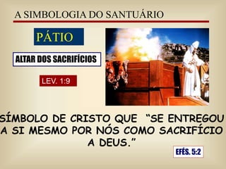 A SIMBOLOGIA DO SANTUÁRIO
PÁTIO
ALTAR DOS SACRIFÍCIOS
LEV. 1:9
SÍMBOLO DE CRISTO QUE “SE ENTREGOU
A SI MESMO POR NÓS COMO SACRIFÍCIO
A DEUS.”
EFÉS. 5:2
 