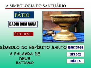 A SIMBOLOGIA DO SANTUÁRIO
SÍMBOLO DO ESPÍRITO SANTO JOÃO 7:37-39
A PALAVRA DE
DEUS
BATISMO
EFÉS. 5:26
JOÃO 3:5
PÁTIO
BACIA COM ÁGUA
ÊXO. 30:18
 