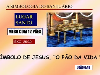A SIMBOLOGIA DO SANTUÁRIO
LUGAR
SANTO
MESA COM 12 PÃES
ÊXO. 25:30
JOÃO 6:48
ÍMBOLO DE JESUS, “O PÃO DA VIDA.”
 