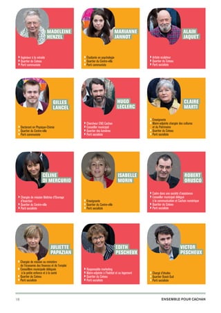 Marianne
JANNOT

Madeleine
HENZEL

◗ ngénieur à la retraite
I
◗  uartier du Coteau
Q
◗  arti communiste
P

◗ Artiste sculpteur
◗ Quartier du Coteau
◗ Parti socialiste


◗  tudiante en psychologie
É
◗  uartier du Centre-ville
Q
◗  arti communiste
P

Hugo
LECLERC

Gilles
LANCEL

◗  octorant en Physique-Chimie
D
◗  uartier du Centre-ville
Q
◗  arti communiste
P

◗
◗
◗
◗

d’Insertion

◗  uartier du Centre-ville
Q
◗ Parti socialiste



Claire
MARTI
◗  nseignante
E
◗  aire-adjointe chargée des cultures
M

Chercheur ENS Cachan
Conseiller municipal
Quartier des lumières
Parti socialiste

Céline
DI MERCURIO
◗  hargée de mission Maîtrise d’Ouvrage
C

Alain
Jaquet

et du Patrimoine

◗  uartier du Coteau
Q
◗  arti socialiste
P

ISABELLE
MORIN

◗  adre dans une société d’assistance
C
◗  onseiller municipal délégué
C

à la communication et Cachan numérique

◗  nseignante
E
◗  uartier du Centre-ville
Q
◗  arti socialiste
P

Juliette
PAPAZIAN

Robert
ORUSCO

◗  uartier du Coteau
Q
◗  arti socialiste
P

Edith
PESCHEUX

Victor
PESCHEUX

◗  hargée de mission au ministère
C

de l’économie des finances et de l’emploi

◗  onseillère municipale déléguée
C

à la petite enfance et à la santé
◗  uartier du Coteau
Q
◗  arti socialiste
P

18

20pages A5-V9 BAT.indd 18

◗
◗
◗
◗

R
 esponsable marketing
M
 aire-adjointe à l’habitat et au logement
Q
 uartier du Coteau
P
 arti socialiste

◗  hargé d’études
C
◗  uartier Ouest-Sud
Q
◗  arti socialiste
P

Ensemble pour Cachan

03/03/14 12:02

 