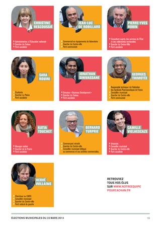 Christine
RESCOUSSIÉ

◗  dministratrice à l’Éducation nationale
A
◗  uartier du Coteau
Q
◗  arti socialiste
P

Jean-Luc
DE ROBILLARD

◗  ommercial en équipements de laboratoire
C
◗ Quartier du Centre-ville
◗  arti communiste
P

Pierre-Yves
ROBIN
◗  onsultant auprès des services de l’État
C

et des collectivités territoriales

◗  uartier du Centre-Ville
Q
◗  arti socialiste
P

Jonathan
SINIVASSANE

Sara
ROUINI

Georges
THIMOTÉE
◗  esponsable technique à la Fédération
R

◗ Étudiante
◗ Quartier La Plaine
◗ Parti socialiste

◗ Directeur « Business Development »
◗ Quartier du Coteau
◗ Parti socialiste

Bernard
TURPRIE

Katia
Touchet

◗  ommerçant retraité
C
◗  uartier du Centre-ville
Q
◗  onseiller municipal délégué
C

◗  anager métier
M
◗  uartier de la Prairie
Q
◗  arti socialiste
P

au commerces et aux activités commerciales.

Hervé
WILLAIME
◗
◗
◗
◗

des Syndicats Pharmaceutiques de France

◗  onseiller municipal
C
◗  uartier du Centre-ville
Q
◗  arti communiste
P

Camille
VIELHESCAZE
◗
◗
◗
◗

U
 rbaniste
C
 onseiller municipal
Q
 uartier du Centre-ville
P
 arti socialiste

Retrouvez
tous vos élus
sur www.notreequipe
pourcachan.fr

C
 hercheur au CNRS
C
 onseiller municipal
Quartier du Centre-ville

P
 arti radical de gauche

élections municipales du 23 mars 2014

20pages A5-V9 BAT.indd 19

19

03/03/14 12:02

 