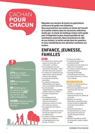 Cachan
pour
chacun

Répondre aux besoins de toutes les générations
continuera de guider nos initiatives.
Nous poursuivrons nos actions en faveur de l’accueil
de la petite enfance dans les structures collectives
tandis que la charte du handicap restera notre guide
pour l’intégration la plus réussie possible de nos
concitoyens concernés. Nous favoriserons la ville
de nos enfants, la mixité sociale dans les quartiers
et nous maintiendrons une attention constante aux
seniors.

Enfance, jeunesse,
FAMILLES

?
Le saviez-vous ?

21% du budget

municipal consacré
aux écoles

34% de logements
sociaux

90 bénéficiaires

du service de soins
à domicile et 379
du service des
aides ménagères

25 000 patients (actes)
au Centre d’Action
Sociale

4

20pages A5-V9 BAT.indd 4

Fait !
◗  a création de la crèche Le petit
L

poucet, en centre ville, et la
crèche Volti, à La Plaine.
◗  ’emménagement du relai
L
assistantes maternelles – RAM –
dans des locaux plus spacieux.
◗  a création de 2 squares pour les
L
petits enfants, avenue Dumotel
et dans le parc Raspail.
◗La charte des assistantes
maternelles.
◗  e maintien de l’allocation
L
différentielle pour les gardes
chez les assistantes maternelles.
◗  a restructuration
L
etl’agrandissement des groupes
scolaires Coteau et La Plaine.
◗  ’entretien du patrimoine
L
scolaire.
◗  e développement de
L
la qualité des accueils de
loisirs, les mercredis et
pendant les vacances et l’offre
des centres de vacances.
◗  es programmes de réussite
L
éducative.
◗  ’animation du conseil des jeunes
L
(conseil des enfants et conseil
des adolescents),
◗  e soutien constant à la Mission
L
locale et à ses initiatives.
◗  e développement du club
L
des ado « Dimado ».

◗  e forum des métiers.
L
◗  a création de locaux pour
L

les jeunes (le KAP).
◗  a création de 2 City-stades à La
L

Plaine et à la Cité jardins.
◗  e soutien au studio musical, au
L

concert des jeunes.
◗  ’ancrage de l’échange
L

international de la jeunesse.
◗  e soutien affirmé aux 3 centres
L

socio-culturels.

Nous voulons
◗  arantir un mode de garde à un
G

maximum de familles.

◗  oursuivre la qualité de l’accueil
P

et de l’animation dans les
crèches.
◗  avoriser un cadre de vie
F
épanouissant pour les enfants de
nos écoles.
◗  ptimiser nos services
O
périscolaires, accessibles à tous
et dans le cadre de l’application
de la reforme des rythmes
scolaires.
◗  oursuivre l’éducation à
P
la citoyenneté avec le conseil
des jeunes et les actions de
réussite éducative dans les
collèges.
◗  aintenir la qualité du service
M
de restauration scolaire, toujours
en régie.

Ensemble pour Cachan

03/03/14 12:01

 