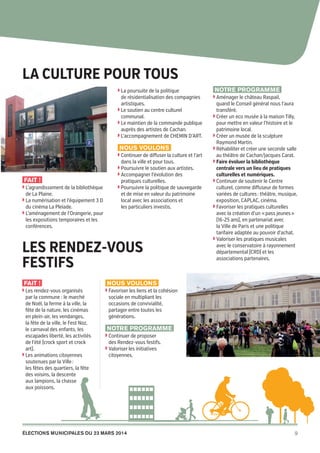 Cachan
pour
tous

La culture pour tous
◗  a poursuite de la politique
L

de résidentialisation des compagnies
artistiques.
◗  e soutien au centre culturel
L
communal.
◗  e maintien de la commande publique
L
auprès des artistes de Cachan.
◗  ’accompagnement de CHEMIN D’ART.
L

Nous voulons
◗  ontinuer de diffuser la culture et l’art
C

dans la ville et pour tous.

Fait !
◗  ’agrandissement de la bibliothèque
L

de La Plaine.
◗  a numérisation et l’équipement 3 D
L

du cinéma La Pleïade.

◗  oursuivre le soutien aux artistes.
P
◗  ccompagner l’évolution des
A

pratiques culturelles.

◗  oursuivre la politique de sauvegarde
P

et de mise en valeur du patrimoine
local avec les associations et
les particuliers investis.

◗  ’aménagement de l’Orangerie, pour
L

les expositions temporaires et les
conférences.

les Rendez-vous
festifs
Fait !
◗  es rendez-vous organisés
L

par la commune : le marché
de Noël, la ferme à la ville, la
fête de la nature, les cinémas
en plein-air, les vendanges,
la fête de la ville, le Fest Noz,
le carnaval des enfants, les
escapades liberté, les activités
de l’été (crock sport et crock
art).
◗  es animations citoyennes
L
soutenues par la Ville :
les fêtes des quartiers, la fête
des voisins, la descente
aux lampions, la chasse
aux poissons.

quand le Conseil général nous l’aura
transféré.
◗  réer un eco musée à la maison Tilly,
C
pour mettre en valeur l’histoire et le
patrimoine local.
◗  réer un musée de la sculpture
C
Raymond Martin.
◗  éhabiliter et créer une seconde salle
R
au théâtre de Cachan/Jacques Carat.
◗  aire évoluer la bibliothèque
F
centrale vers un lieu de pratiques
culturelles et numériques.
◗  ontinuer de soutenir le Centre
C
culturel, comme diffuseur de formes
variées de cultures : théâtre, musique,
exposition, CAPLAC, cinéma.
◗  avoriser les pratiques culturelles
F
avec la création d’un « pass jeunes »
(16-25 ans), en partenariat avec
la Ville de Paris et une politique
tarifaire adaptée au pouvoir d’achat.
◗  aloriser les pratiques musicales
V
avec le conservatoire à rayonnement
départemental (CRD) et les
associations partenaires.

Nous voulons
◗  avoriser les liens et la cohésion
F

sociale en multipliant les
occasions de convivialité,
partager entre toutes les
générations.

Notre programme
◗  ontinuer de proposer
C

des Rendez-vous festifs.

◗  aloriser les initiatives
V

citoyennes.

élections municipales du 23 mars 2014

20pages A5-V9 BAT.indd 9

Notre programme
◗  ménager le château Raspail,
A

9

03/03/14 12:01

 
