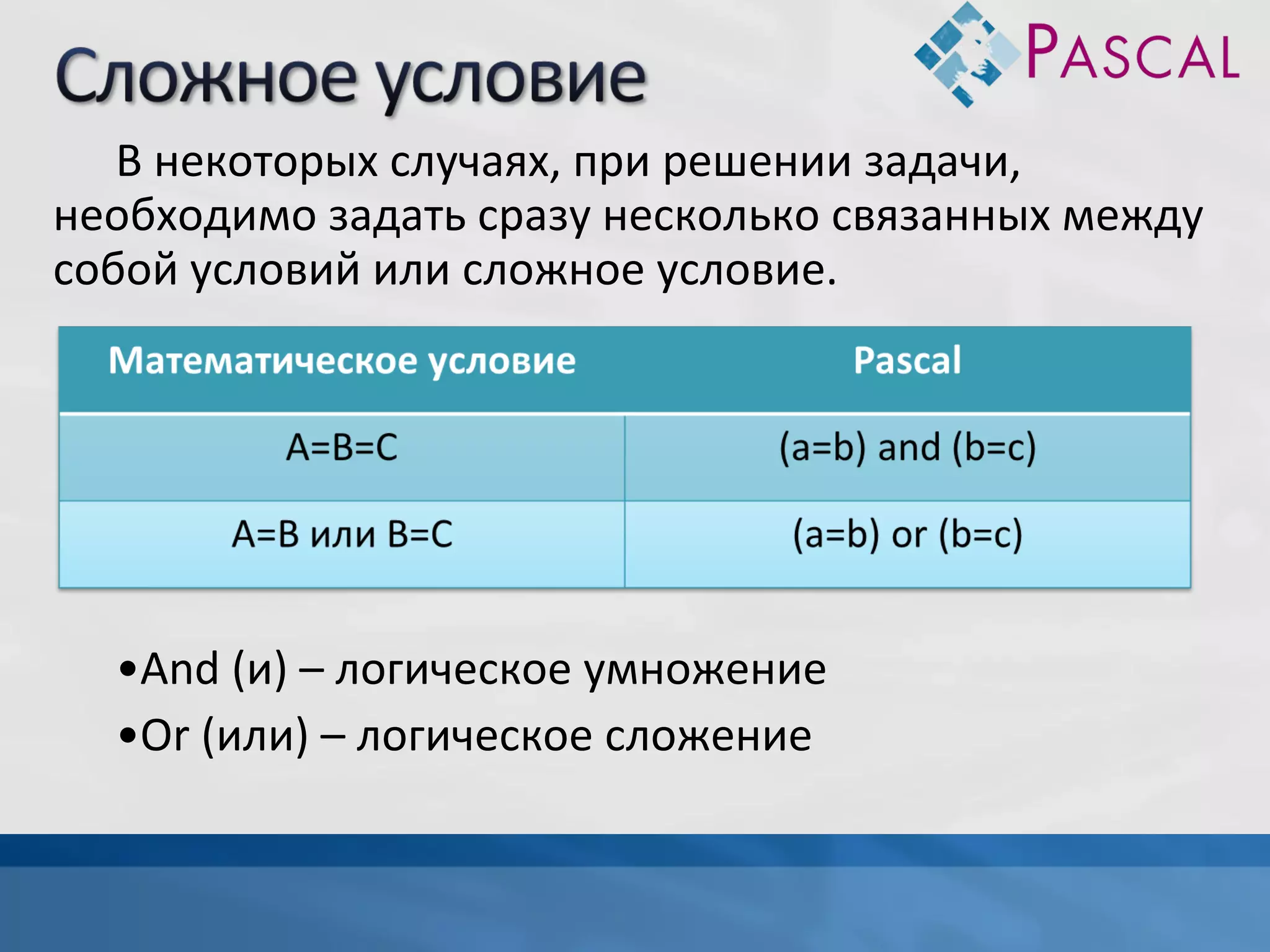 В некоторых случаях, при решении задачи,
необходимо задать сразу несколько связанных между
собой условий или сложное условие.

•And (и) – логическое умножение
•Or (или) – логическое сложение

 