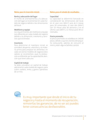 20 pasos para iniciar o mejorar tu restaurante 19
Notas para la inversión inicial:
Renta y adecuación del lugar
El monto de arrendamiento y la adecua-
ción del lugar se incrementan en cada mo-
delo de negocio debido a las dimensiones
del local.
Mobiliario y equipo
Los requerimientos de mobiliario y equipo
son diferentes en cada modelo de negocio
debido a la dimensión, inventario y servi-
cios que se brindan.
Inventario
Para determinar el inventario inicial, se
consideró despensa, utensilios y la mate-
ria prima para preparar los alimentos; en
cada uno de los modelos de negocio estos
valores se incrementan, pues la produc-
ción es diferente por la capacidad de aten-
ción que tiene cada uno.
Capital de trabajo
Se debe considerar un capital de trabajo
adicional en cada modelo de negocio, para
cubrir sueldos, renta y gastos operativos
de un mes.
Notas para el estado de resultados:
Capacidad
La capacidad se determinó tomando en
consideración las dimensiones del local,
en el caso uno (40m2
) será de 6 mesas
para 24 comensales, el caso dos (60m2
)
con 10 mesas para 40 personas y en el
último caso (80m2
), 12 mesas para 48 co-
mensales.
Precio promedio
El precio promedio se establece en $40.00
pesos, debido a que los clientes del peque-
ño restaurante, además de consumir el
menú, piden alguna bebida o postre.
Es muy importante que desde el inicio de tu
negocio y hasta el momento de recuperación,
reinviertas las ganancias, de no ser así puedes
tener consecuencias desfavorables.
 