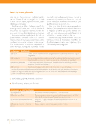 Guía del participante20
Paso 5: Lo bueno y lo malo
Una de las herramientas indispensables
para el desarrollo de un negocio es el aná-
lisis de las fortalezas, oportunidades, debi-
lidades y amenazas.
Realizar un análisis Foda no es difícil y
es muy importante para ubicar dónde se
encuentra tu negocio y cómo puedes lo-
grar un crecimiento más rápido y efectivo.
Primero realiza una lista de fortalezas
y debilidades. Toma en cuenta las cuestio-
nes internas de tu negocio comparándote
con la competencia; es decir, otros peque-
ños restaurantes o cocinas económicas
como la tuya. Compara aspectos funda-
mentales como tus opciones de menú, la
manera en que compras, finanzas, tu equi-
po de trabajo, tus ventas, descuentos, ¿por
qué te conoce la gente?, etc.
Haz otra lista de amenazas y oportuni-
dades. Considera las situaciones externas
al negocio y sobre las que no tienes con-
trol: por ejemplo, cuando sube la carne, la
inflación, el precio de la tortilla, etc.
Las fortalezas y oportunidades son cues-
tiones positivas o favorables, mientras las
debilidadesyamenazassonnegativasydes-
favorables para tu negocio.
Fortalezas y debilidades
a) El local Contar con un establecimiento fijo genera confianza sobre un servicio seguro
e higiénico.
b) El producto Con un producto diferenciado como la “comida corrida”tienes clientes especí-
ficos, lo cual te permite un mejor manejo de las estrategias de fidelidad.
c) Aspectos generales La ubicación de tu local, distribución, ambientación del mismo, publicidad
deben ser siempre una fortaleza.
d) El servicio Oportuno, eficaz y amable. Convierte el servicio en una fortaleza.
Las fortalezas y debilidades dependen específicamente de las actividades que realices, lo único que
cambia es el grado de eficiencia que tenga en cada una de ellas. Una debilidad detectada a tiempo,
puede convertirse en una fortaleza.
Amenazas y oportunidades
a) Competencia Encuentra la ventaja competitiva y dala a conocer.
b) Puestos semifijos Siempre estarán presente, mas el modelo de atención y servicio,
además de producto que ofrezcas, hará la diferencia.
c) Desconocimiento de trámites Pregunta y capacítate para alcanzar la profesionalización de la
empresa.
d) Precio de insumos y materia
prima
Busca espacios económicos y proveedores leales.
■■ 	Fortalezas y oportunidades: lo bueno
■■ 	Debilidades y amenazas: lo malo
 
