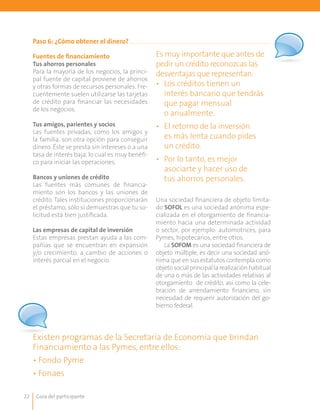 Guía del participante22
Existen programas de la Secretaría de Economía que brindan
Financiamiento a las Pymes, entre ellos:
• Fondo Pyme
• Fonaes
Es muy importante que antes de
pedir un crédito reconozcas las
desventajas que representan:
•	 Los créditos tienen un
interés bancario que tendrás
que pagar mensual
o anualmente.
•	 El retorno de la inversión
es más lenta cuando pides
un crédito.
•	 Por lo tanto, es mejor
asociarte y hacer uso de
tus ahorros personales.
Paso 6: ¿Cómo obtener el dinero?
Fuentes de financiamiento
Tus ahorros personales
Para la mayoría de los negocios, la princi-
pal fuente de capital proviene de ahorros
y otras formas de recursos personales. Fre-
cuentemente suelen utilizarse las tarjetas
de crédito para financiar las necesidades
de los negocios.
Tus amigos, parientes y socios
Las fuentes privadas, como los amigos y
la familia, son otra opción para conseguir
dinero. Éste se presta sin intereses o a una
tasa de interés baja, lo cual es muy benéfi-
co para iniciar las operaciones.
Bancos y uniones de crédito
Las fuentes más comunes de financia-
miento son los bancos y las uniones de
crédito. Tales instituciones proporcionarán
el préstamo, sólo si demuestras que tu so-
licitud está bien justificada.
Las empresas de capital de inversión
Estas empresas prestan ayuda a las com-
pañías que se encuentran en expansión
y/o crecimiento, a cambio de acciones o
interés parcial en el negocio.
Una sociedad financiera de objeto limita-
do SOFOL es una sociedad anónima espe-
cializada en el otorgamiento de financia-
miento hacia una determinada actividad
o sector, por ejemplo: automotrices, para
Pymes, hipotecarios, entre otros.
La SOFOM es una sociedad financiera de
objeto múltiple, es decir una sociedad anó-
nima que en sus estatutos contempla como
objeto social principal la realización habitual
de una o más de las actividades relativas al
otorgamiento de crédito, así como la cele-
bración de arrendamiento financiero, sin
necesidad de requerir autorización del go-
bierno federal.
 