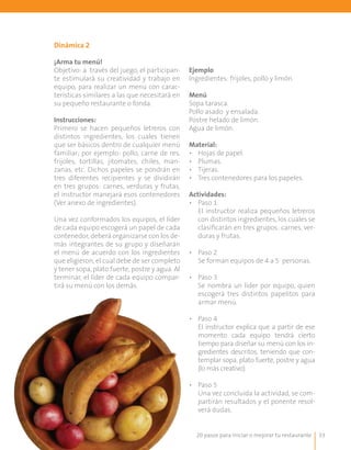20 pasos para iniciar o mejorar tu restaurante 33
Dinámica 2
¡Arma tu menú!
Objetivo: a través del juego, el participan-
te estimulará su creatividad y trabajo en
equipo, para realizar un menú con carac-
terísticas similares a las que necesitará en
su pequeño restaurante o fonda.
Instrucciones:
Primero se hacen pequeños letreros con
distintos ingredientes, los cuales tienen
que ser básicos dentro de cualquier menú
familiar; por ejemplo: pollo, carne de res,
frijoles, tortillas, jitomates, chiles, man-
zanas, etc. Dichos papeles se pondrán en
tres diferentes recipientes y se dividirán
en tres grupos: carnes, verduras y frutas,
el instructor manejará esos contenedores
(Ver anexo de ingredientes).
Una vez conformados los equipos, el líder
de cada equipo escogerá un papel de cada
contenedor, deberá organizarse con los de-
más integrantes de su grupo y diseñarán
el menú de acuerdo con los ingredientes
que eligieron, el cual debe de ser completo
y tener sopa, plato fuerte, postre y agua. Al
terminar, el líder de cada equipo compar-
tirá su menú con los demás.
Ejemplo
Ingredientes: frijoles, pollo y limón.
Menú
Sopa tarasca.
Pollo asado y ensalada.
Postre helado de limón.
Agua de limón.
Material:
•	 Hojas de papel.
•	 Plumas.
•	 Tijeras.
•	 Tres contenedores para los papeles.
Actividades:
•	 Paso 1
	 El instructor realiza pequeños letreros
con distintos ingredientes, los cuales se
clasificarán en tres grupos: carnes, ver-
duras y frutas.
•	 Paso 2
	 Se forman equipos de 4 a 5 personas.
•	 Paso 3
	 Se nombra un líder por equipo, quien
escogerá tres distintos papelitos para
armar menú.
•	 Paso 4
	 El instructor explica que a partir de ese
momento cada equipo tendrá cierto
tiempo para diseñar su menú con los in-
gredientes descritos, teniendo que con-
templar sopa, plato fuerte, postre y agua
(lo más creativo).
•	 Paso 5
	 Una vez concluida la actividad, se com-
partirán resultados y el ponente resol-
verá dudas.
 