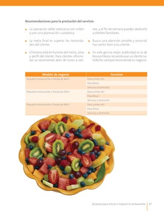 20 pasos para iniciar o mejorar tu restaurante 47
Modelo de negocio Servicios
Pequeño restaurante o fonda de 40m2
Para comer ahí
Para llevar
Servicio a domicilio
Pequeño restaurante o fonda de 60m2
Para comer ahí
Para llevar
Servicio a domicilio
Pequeño restaurante o fonda de 80m2
Para comer ahí
Para llevar
Servicio a domicilio
Recomendaciones para la prestación del servicio:
■■ 	La operación debe realizarse con orden
y con una planeación cuidadosa.
■■ 	La meta final es superar las necesida-
des del cliente.
■■ Elhorarioestáenfuncióndelmenú,zona
y perfil del cliente. Para clientes oficinis-
tas se recomienda abrir de lunes a vier-
nes, y el fin de semana puedes dedicarlo
a clientes familiares.
■■ Busca una atención amable y servicial,
haz sentir bien a tu cliente.
■■ En este giro la mejor publicidad es la de
bocaenboca;recuerdaqueunclientesa-
tisfecho siempre recomienda tu negocio.
 