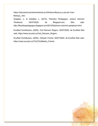 Página | 23
https://educacioncomoherramienta.es.tl/Antana-Mockus-y-Jos-e2--Ivan-
Bedoya_.htm.
Grajales, J., & Ceballos, L. (2015). Filósofos Pedagogos: Johann Heinrich
Pestalozzi. 05/07/2020, de Blogspot.com Sitio web:
http://filosofospedagogos.blogspot.com/2015/05/johann-heinrich-pestalozzi.html.
EcuRed Contributors. (2020). Carl Ransom Rogers. 05/07/2020, de EcuRed Sitio
web: https://www.ecured.cu/Carl_Ransom_Rogers.
EcuRed Contributors. (2020). Célestin Freinet. 06/07/2020, de EcuRed Sitio web:
https://www.ecured.cu/C%C3%A9lestin_Freinet.
 