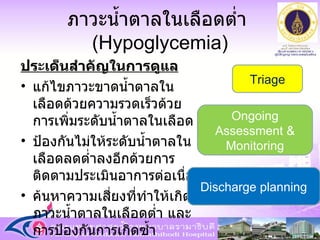 ภาวะน้ำตาลในเลือดต่ำ  ( Hypoglycemia ) ประเด็นสำคัญในการดูแล แก้ไขภาวะขาดน้ำตาลในเลือดด้วยความรวดเร็วด้วยการเพิ่มระดับน้ำตาลในเลือด  ป้องกันไม่ให้ระดับน้ำตาลในเลือดลดต่ำลงอีกด้วยการติดตามประเมินอาการต่อเนื่อง ค้นหาความเสี่ยงที่ทำให้เกิดภาวะน้ำตาลในเลือดต่ำ และการป้องกันการเกิดซ้ำ Triage Ongoing Assessment & Monitoring Discharge planning 