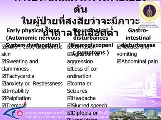 การประเมินสภาพร่างกายเบื้องต้น ในผู้ป่วยที่สงสัยว่าจะมีภาวะน้ำตาลในเลือดต่ำ Early physical Signs (Autonomic nervous System dysfunction) Neurological disturbances (Neuroglycopenic symptoms ) Gastro-intestinal disturbances  pallor, Cool, diaphoretic skin  Sweating and clamminess  Tachycardia  anxiety or  Restlessness  Irritability  Palpitation   Tremors  Confusion  Agitation or aggression  Loss of co-ordination  coma or  Seizures  Headache  Slurred speech  Diplopia or  Blured vision  Nausea and vomiting  Abdominal pain 