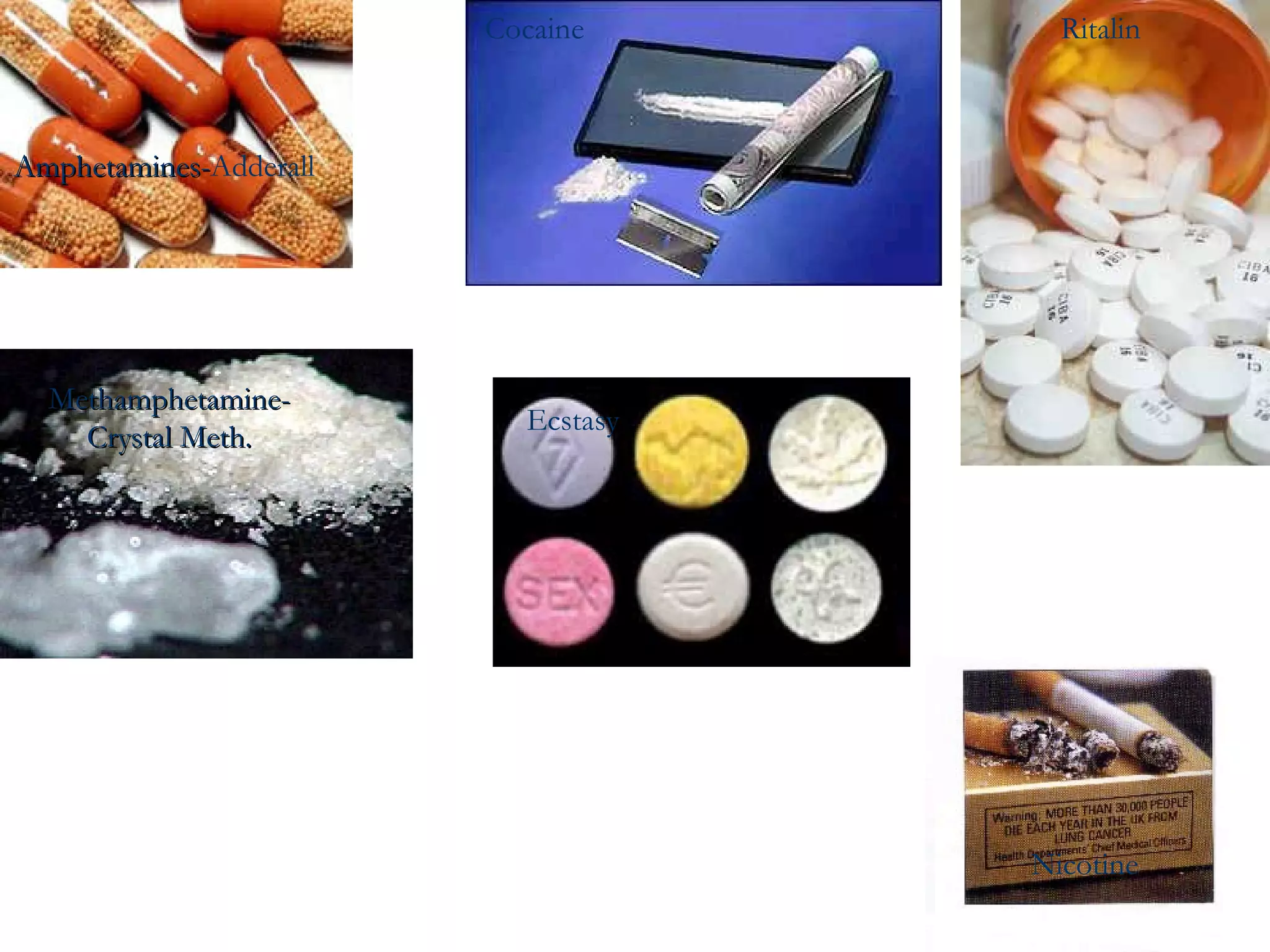 Amphetamines- Adderall Cocaine Methamphetamine- Crystal Meth. Ritalin Ecstasy  Nicotine 