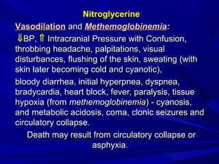 NitroglycerineNitroglycerine
VVasodilationasodilation andand MethemoglobinemiaMethemoglobinemia::
⇓⇓BPBP,, ⇑⇑ Intracranial Pressure with Confusion,Intracranial Pressure with Confusion,
throbbing headache, palpitations, visualthrobbing headache, palpitations, visual
disturbances, flushing of the skin, sweating (withdisturbances, flushing of the skin, sweating (with
skin later becoming cold and cyanotic),skin later becoming cold and cyanotic),
bloody diarrhea, initial hyperpnea, dyspnea,bloody diarrhea, initial hyperpnea, dyspnea,
bradycardia, heart block, fever, paralysis, tissuebradycardia, heart block, fever, paralysis, tissue
hypoxia (fromhypoxia (from methemoglobinemiamethemoglobinemia) - cyanosis,) - cyanosis,
and metabolic acidosis, coma, clonic seizures andand metabolic acidosis, coma, clonic seizures and
circulatory collapse.circulatory collapse.
Death may result from circulatory collapse orDeath may result from circulatory collapse or
asphyxia.asphyxia.
 