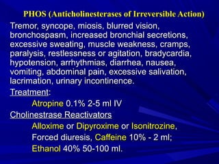PHOS (Anticholinesterases of Irreversible Action)PHOS (Anticholinesterases of Irreversible Action)
Tremor, syncope, miosis, blurred vision,Tremor, syncope, miosis, blurred vision,
bronchospasm, increased bronchial secretions,bronchospasm, increased bronchial secretions,
excessive sweating, muscle weakness, cramps,excessive sweating, muscle weakness, cramps,
paralysis, restlessness or agitation, bradycardia,paralysis, restlessness or agitation, bradycardia,
hypotension, arrhythmias, diarrhea, nausea,hypotension, arrhythmias, diarrhea, nausea,
vomiting, abdominal pain, excessive salivation,vomiting, abdominal pain, excessive salivation,
lacrimation, urinary incontinence.lacrimation, urinary incontinence.
TreatmentTreatment::
AtropineAtropine 0.1% 2-5 ml IV0.1% 2-5 ml IV
Cholinestrase ReactivatorsCholinestrase Reactivators
AlloximeAlloxime oror DipyroximeDipyroxime oror IsonitrozineIsonitrozine,,
Forced diuresis,Forced diuresis, CaffeineCaffeine 10% - 2 ml10% - 2 ml;;
EthanolEthanol 40% 50-100 ml.40% 50-100 ml.
 