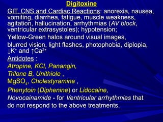 DigitoxineDigitoxine
GIT, CNS and Cardiac ReactionsGIT, CNS and Cardiac Reactions: anorexia, nausea,: anorexia, nausea,
vomiting, diarrhea, fatigue, muscle weakness,vomiting, diarrhea, fatigue, muscle weakness,
agitation, hallucination, arrhythmias (agitation, hallucination, arrhythmias (AV blockAV block,,
ventricular extrasystoles)ventricular extrasystoles);; hypotensionhypotension;;
YYellow-Green halos around visual images,ellow-Green halos around visual images,
blurred vision, light flashes, photophobia, diplopia,blurred vision, light flashes, photophobia, diplopia,
↓K↓K++
and ↑Caand ↑Ca2+2+
AntidotesAntidotes ::
Atropine, KClAtropine, KCl,, Panangin,Panangin,
Trilone B, UnithioleTrilone B, Unithiole ,,
MgSOMgSO44,, CholestyramineCholestyramine ,,
PhenytoinPhenytoin ((DiphenineDiphenine)) oror LidocaineLidocaine,,
NovocainamideNovocainamide - for- for Ventricular arrhythmiasVentricular arrhythmias thatthat
do not respond to the above treatments.do not respond to the above treatments.
 