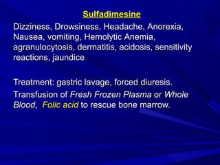 SulfadimesineSulfadimesine
DDizziness,izziness, DDrowsiness,rowsiness, HHeadache,eadache, AAnorexia,norexia,
NNausea, vomitingausea, vomiting,, HHemolyticemolytic AAnemia,nemia,
agranulocytosis, dermatitis, acidosis, sensitivityagranulocytosis, dermatitis, acidosis, sensitivity
reactions, jaundicereactions, jaundice
TreatTreatmentment:: gastric lavage, forcedgastric lavage, forced diuresisdiuresis..
TTransfusion ofransfusion of Fresh Frozen PlasmaFresh Frozen Plasma oror WholeWhole
BloodBlood,, Folic acidFolic acid to rescue bone marrow.to rescue bone marrow.
 